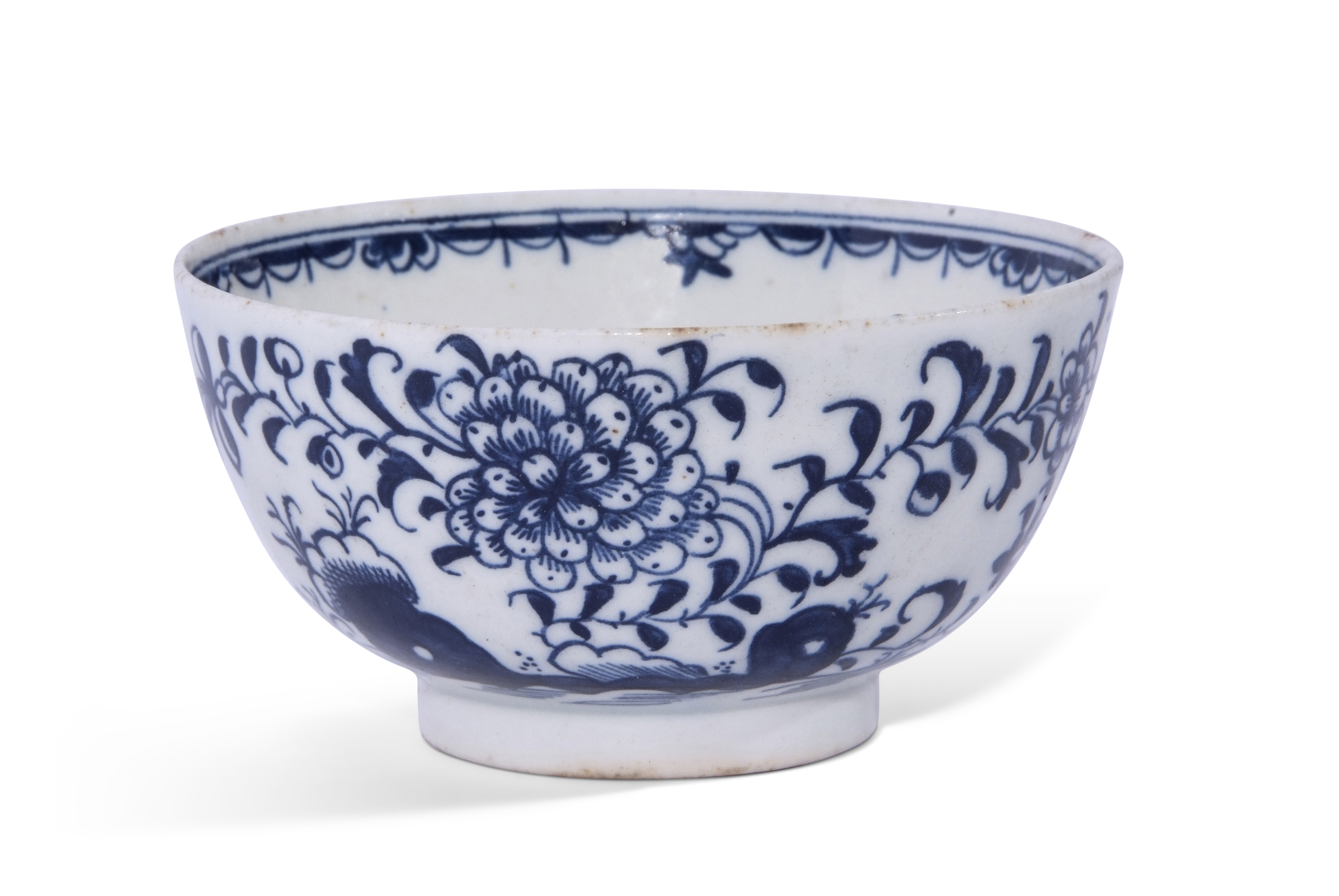 Large Lowestoft tea bowl with an underglaze blue decoration of flowers and trailing plants, 10cm