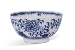 Large Lowestoft tea bowl with an underglaze blue decoration of flowers and trailing plants, 10cm