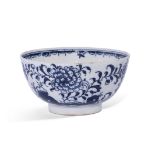 Large Lowestoft tea bowl with an underglaze blue decoration of flowers and trailing plants, 10cm