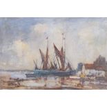 John Taunton RA (British 20th Century) Fishing boats beached, Oil on canvas, signed 1981,30 x 43cm