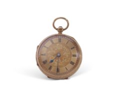 Last quarter of 19th century provincial 18ct gold cased fob watch, blued steel hands to an engine