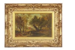 English School, 19th Century, A man fishing along a wooded bank with a cottage beyond. Oil on canvas