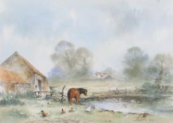 Brian C. Day (British, b.1934), ªLandscape with a horse and hens before a barn and pool. Watercolour