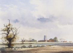 Adrian Taunton (British, b.1939), 'Church across the fields, Sea Palling, Norfolk'. Watercolour on