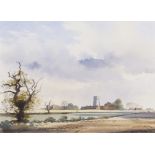 Adrian Taunton (British, b.1939), 'Church across the fields, Sea Palling, Norfolk'. Watercolour on