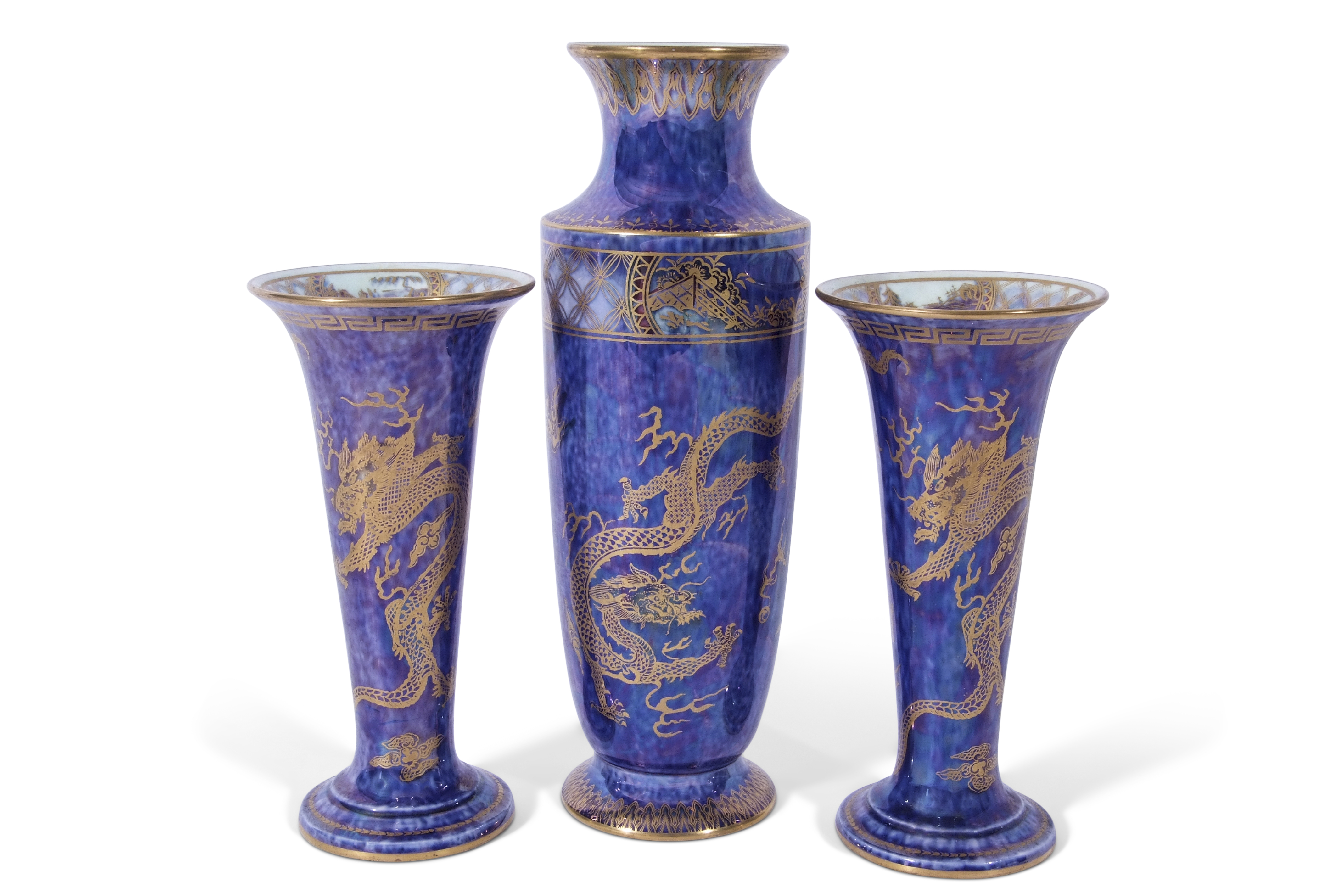 Pair of Wedgwood lustre vases the mottled blue ground decorated with gilt dragons, factory mark to