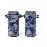 Important pair of Bailey Fulham cylindrical vases, the grey ground with relief design of blue