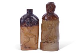 Salt glaze Cream of the Valley spirit flask, modelled as an old lady with shawl, impressed title