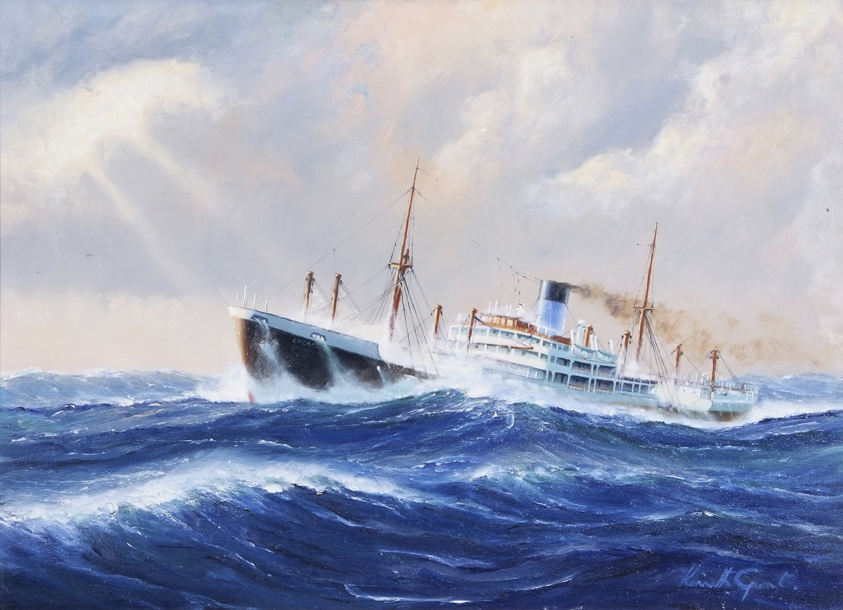 Kenneth Grant (British b.1934), the merchant ship Lycaon in high seas. Oil on canvas, signed, 40 x