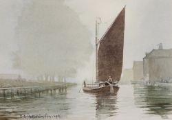 J. A. Hutchinson (British, Contemporary), Wherry on the Norfolk Broads. Watercolour on paper, signed