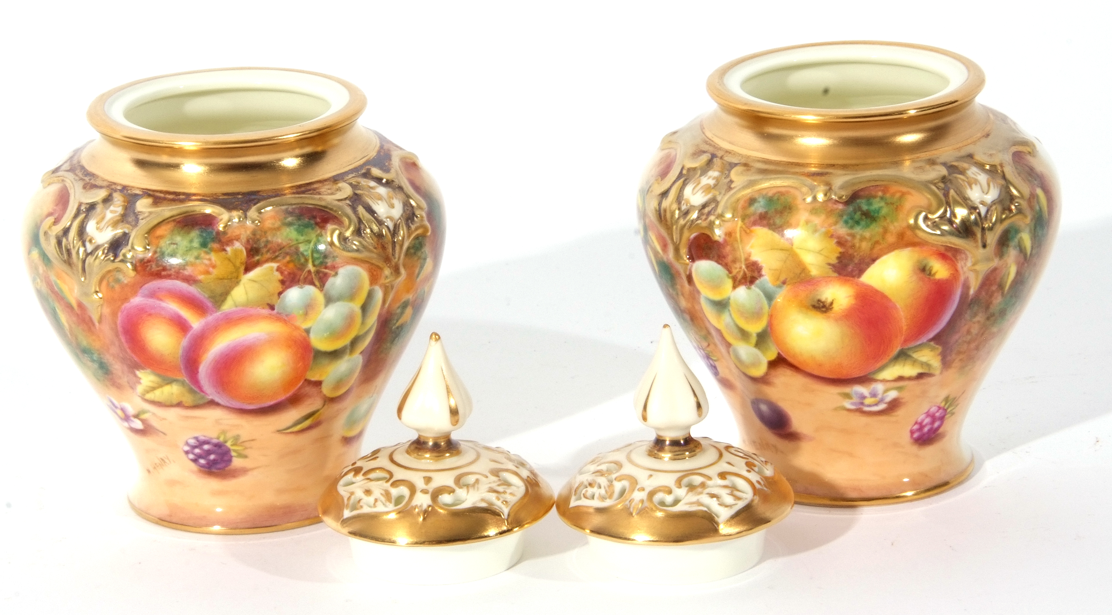 Small pair of Royal Worcester vases decorated with fruit, both signed H Henry, Royal Worcester black - Image 7 of 8