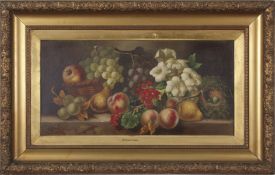 Vincent Clare (British, 1855-1930), Still life, mixed fruit with flowers and a bird's nest