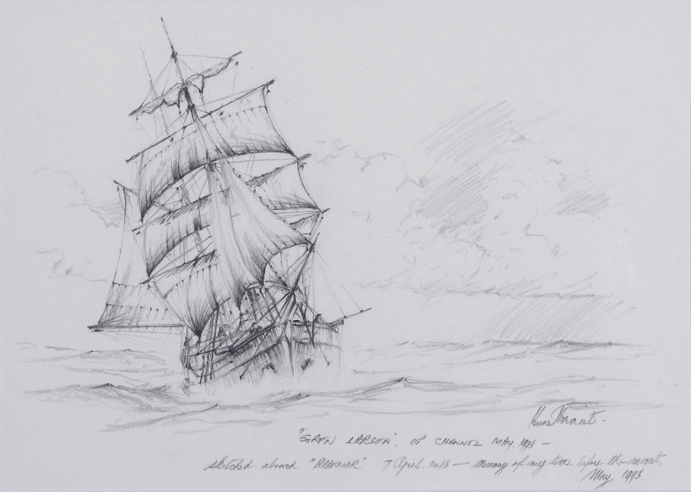Kenneth Grant (British b.1934), A sketch of the tallship Soren Larsen, May 1993. Pencil on paper,