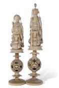 Chinese 19th century export ivory chess pieces of the King and Queen modelled as the Emperor and
