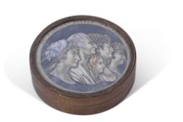 19th century French circular copper box and lid, the push-on lid featuring coloured lithograph