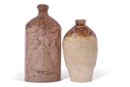 Salt glaze flask modelled as a young Queen Victoria under a canopy, impressed Robinson Wine & Spirit