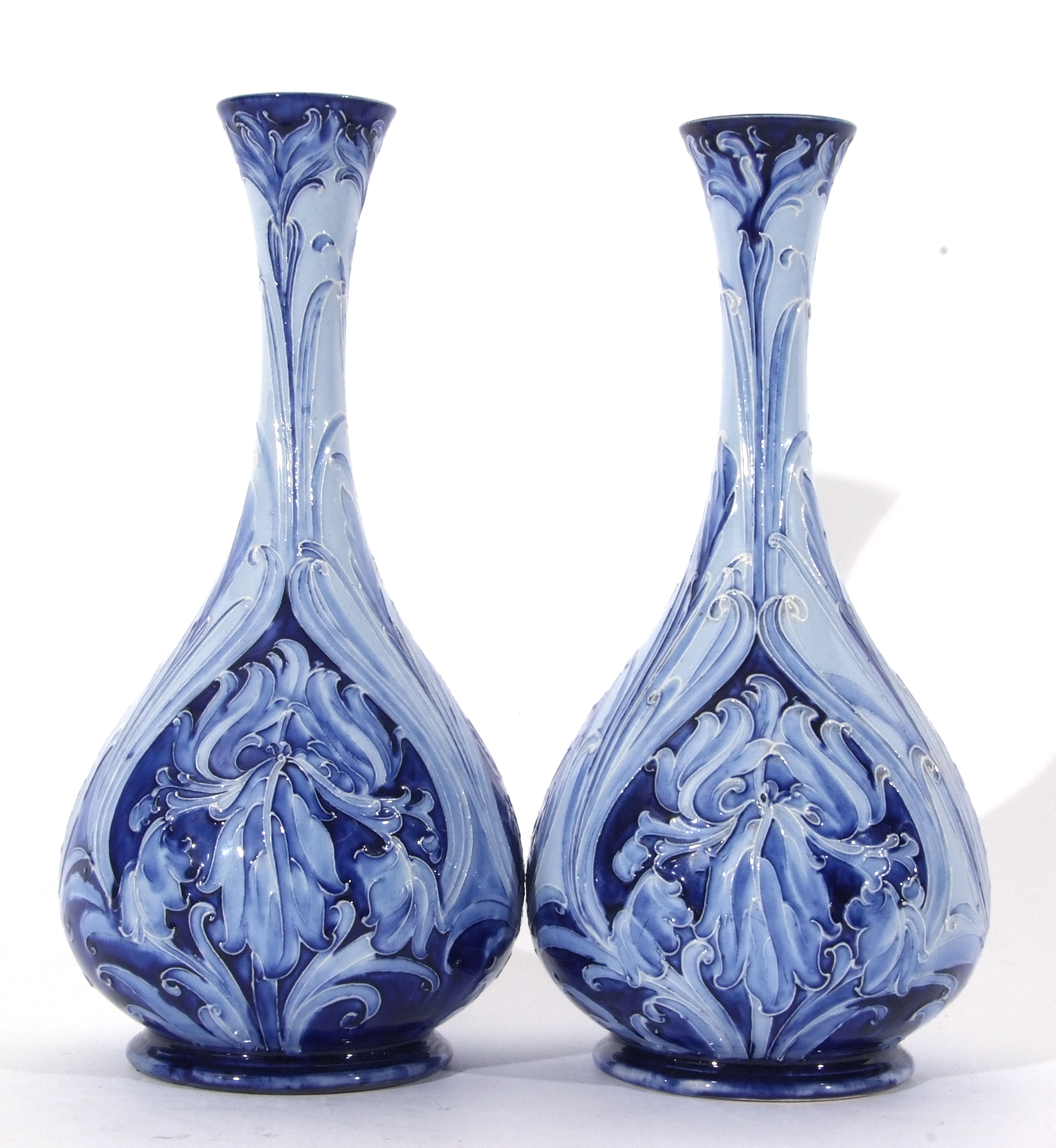 Good pair of early Moorcroft Florian ware vases, the pear shaped bodies with tube lined floral - Image 2 of 5