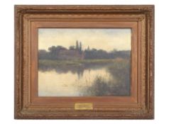 R.A Gardner (British, 1850-1926), 'Water Newton (Sunset)'. Oil on board, signed, 25 x 36cm
