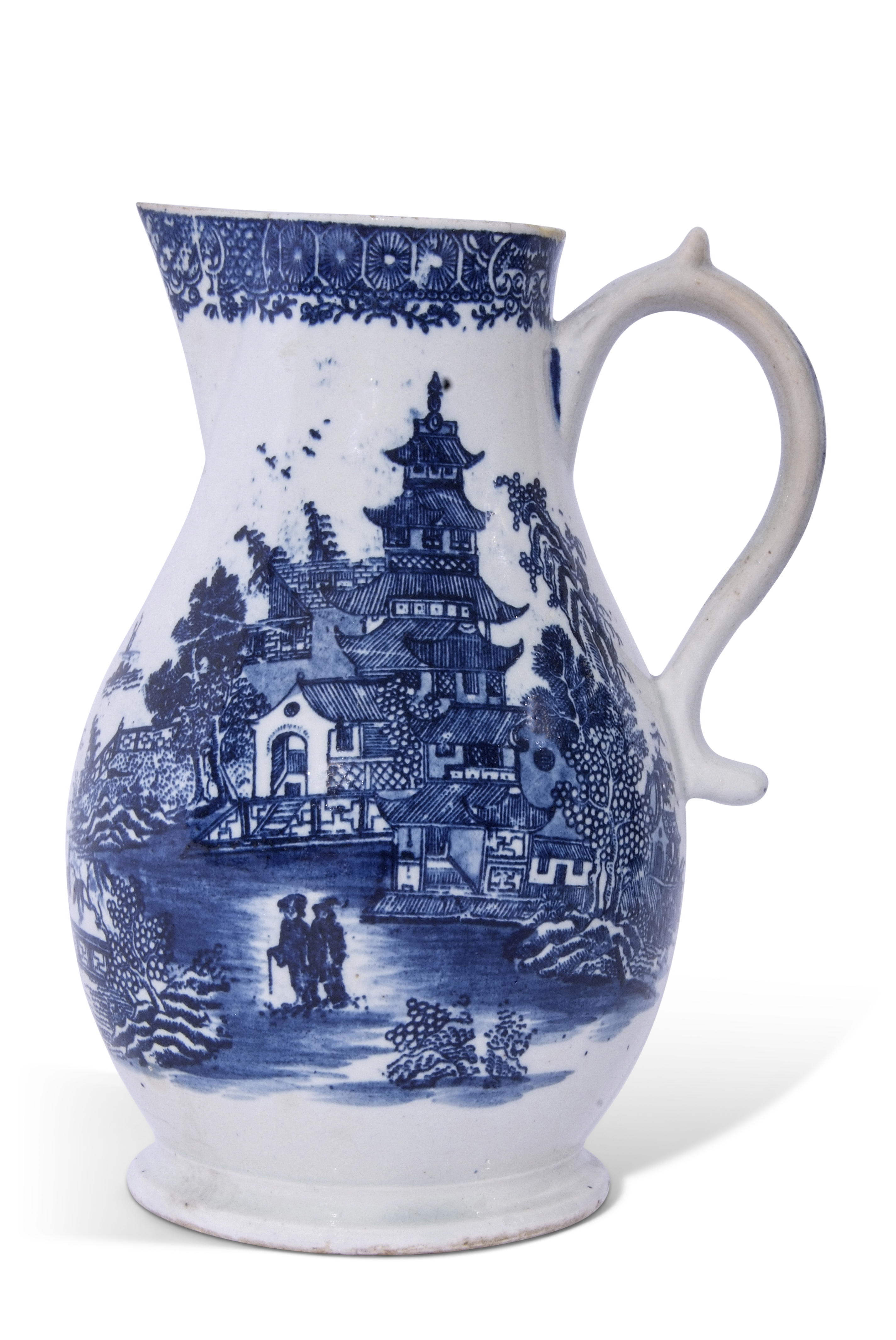 Large Lowestoft jug with a printed design of the temple pattern, 19cm high