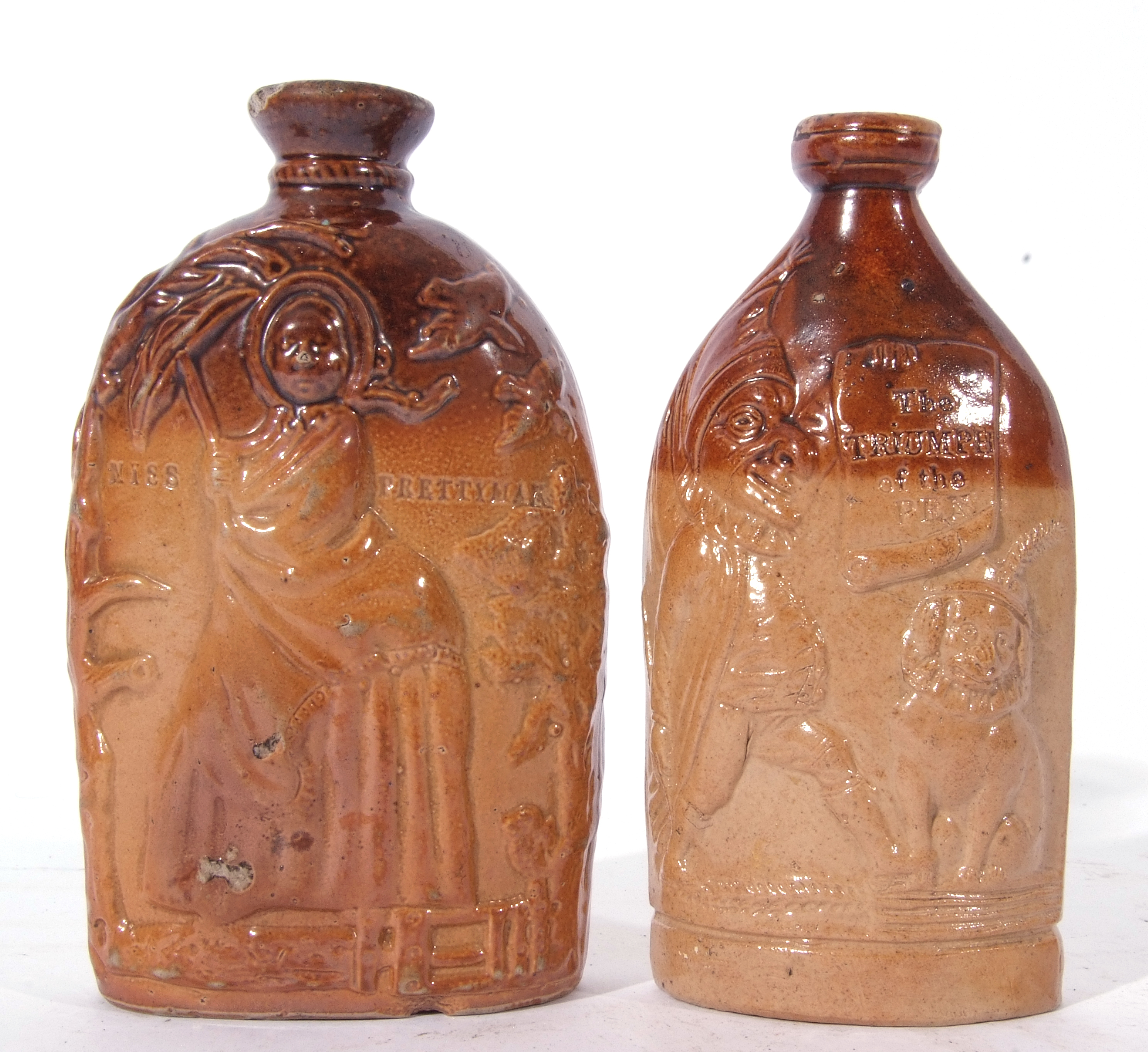 Mrs Caudle salt glazed spirit flask impressed with heads of Mr & Mrs Caudle, the reverse with Miss - Image 3 of 6