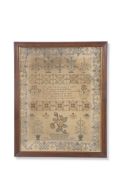 George III needlework sampler decorated with religious text and flowers and geometric border, signed