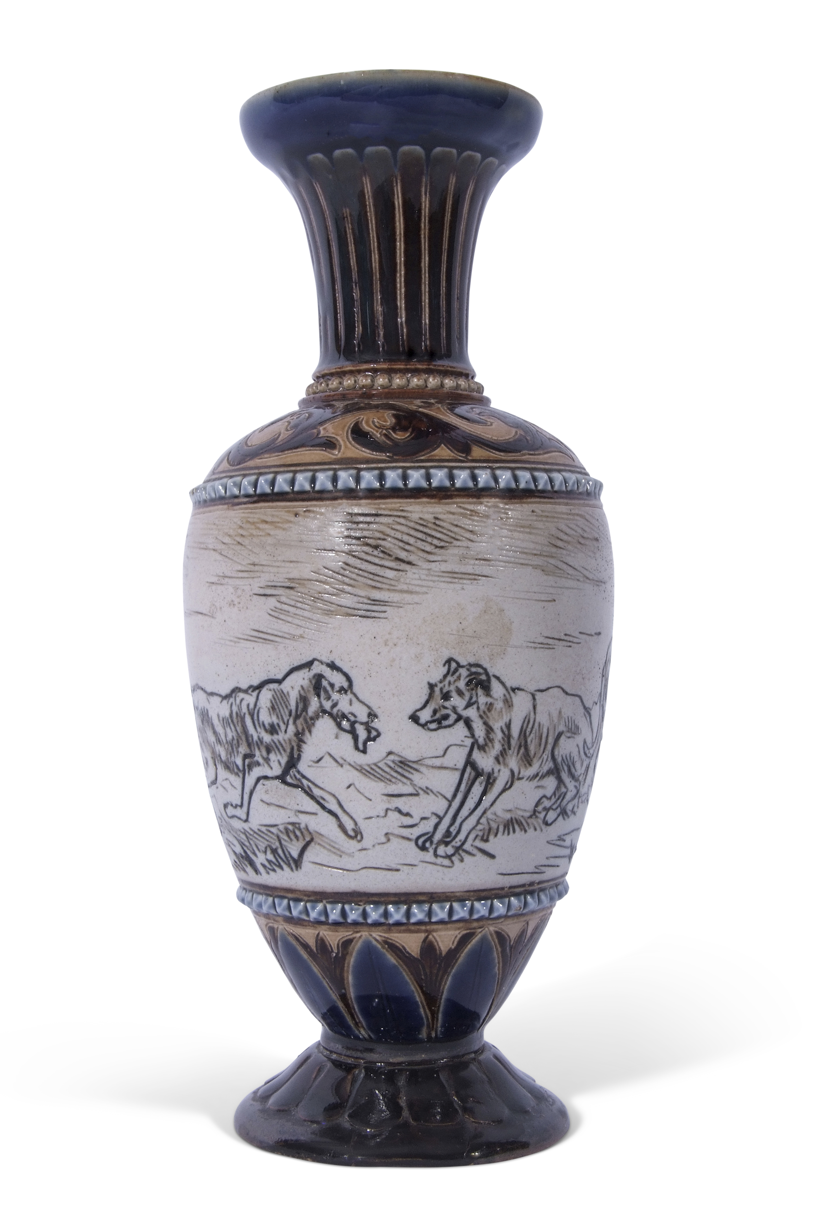 Doulton Lambeth vase by Hannah Barlow with incised design of dogs (repair to foot), 21cm high