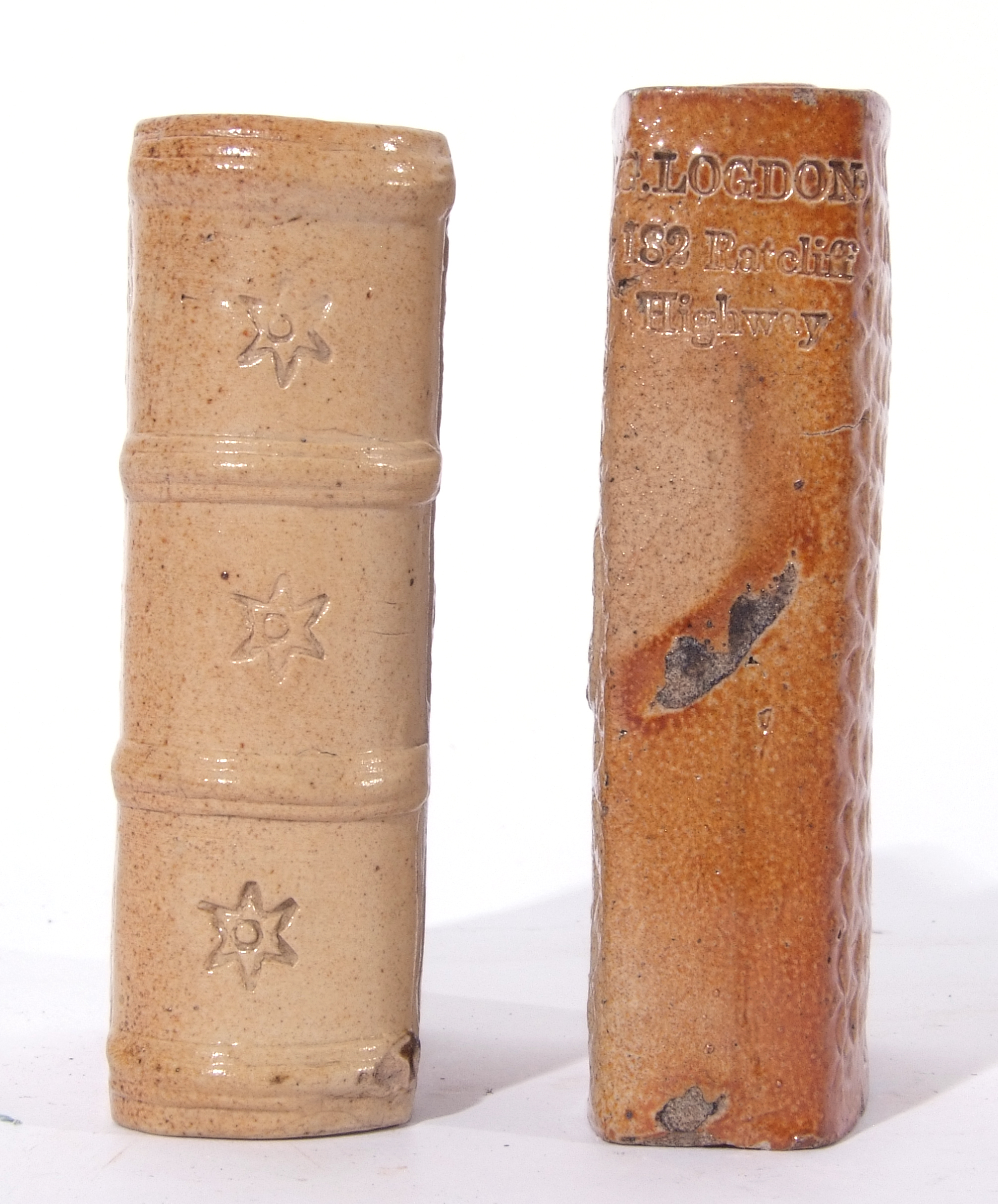 Salt glaze spirit flask modelled as a purse, impressed G Logdon, 182 Ratcliff Highway, together with - Image 5 of 6