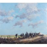 Jeremy Barlow ROI (1945-2020) 'Salthouse Reeders'. Oil on board, signed. Provenance: Ringstead