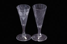 Two 18th century cordial glasses, one with engraved design of flowers and wheat, (2) (some chips