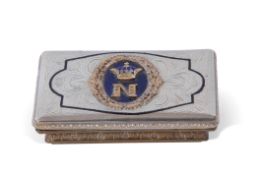 French Napoleonic silver/silver gilt box of concave sided rectangular form, the lid with raised blue