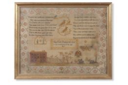 George III needlework sampler, decorated with rows of religious text and a scene of a farmhouse with