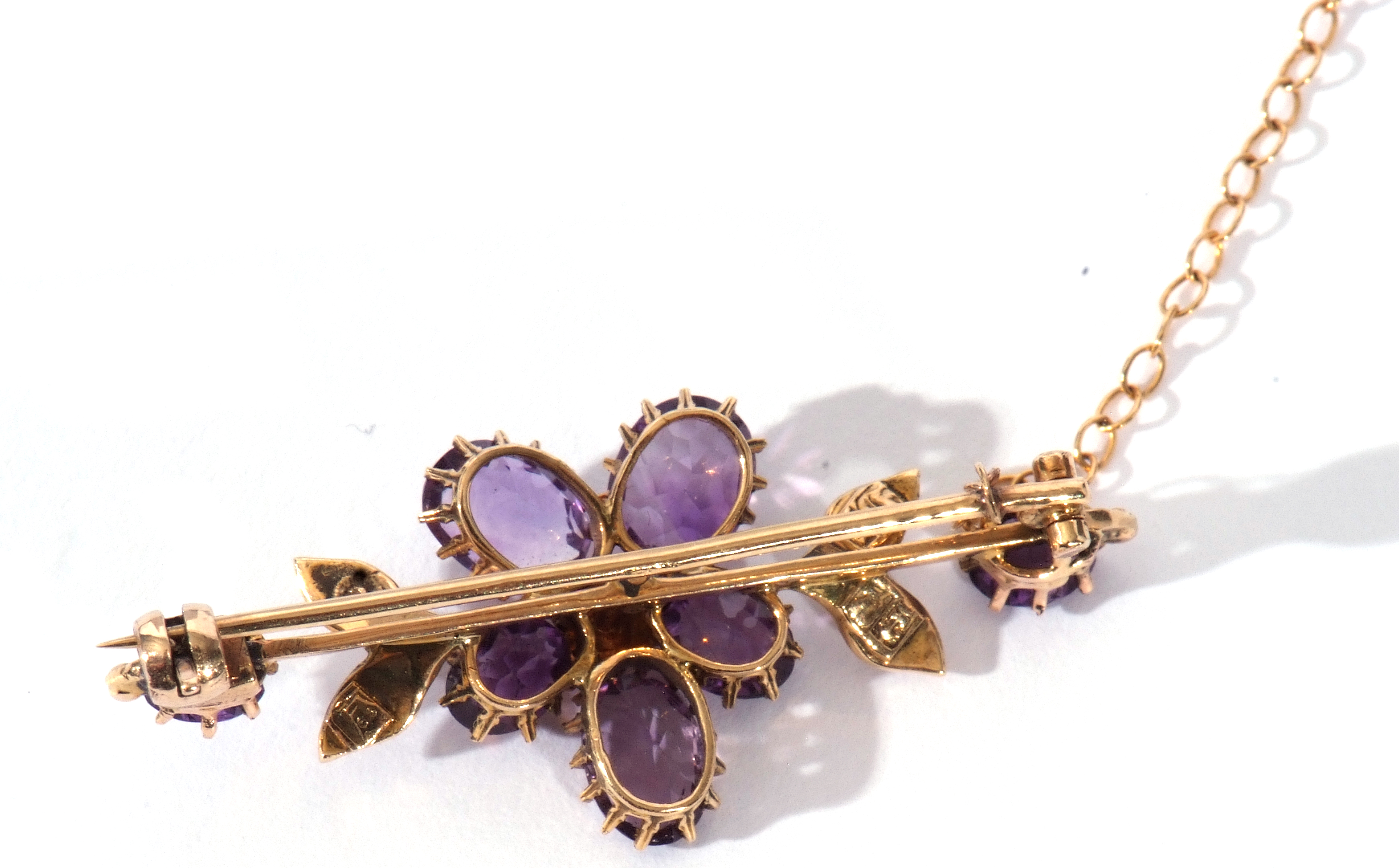Victorian 18ct gold amethyst and seed pearl brooch, a flowerhead and bud design applied to a knife - Image 3 of 4