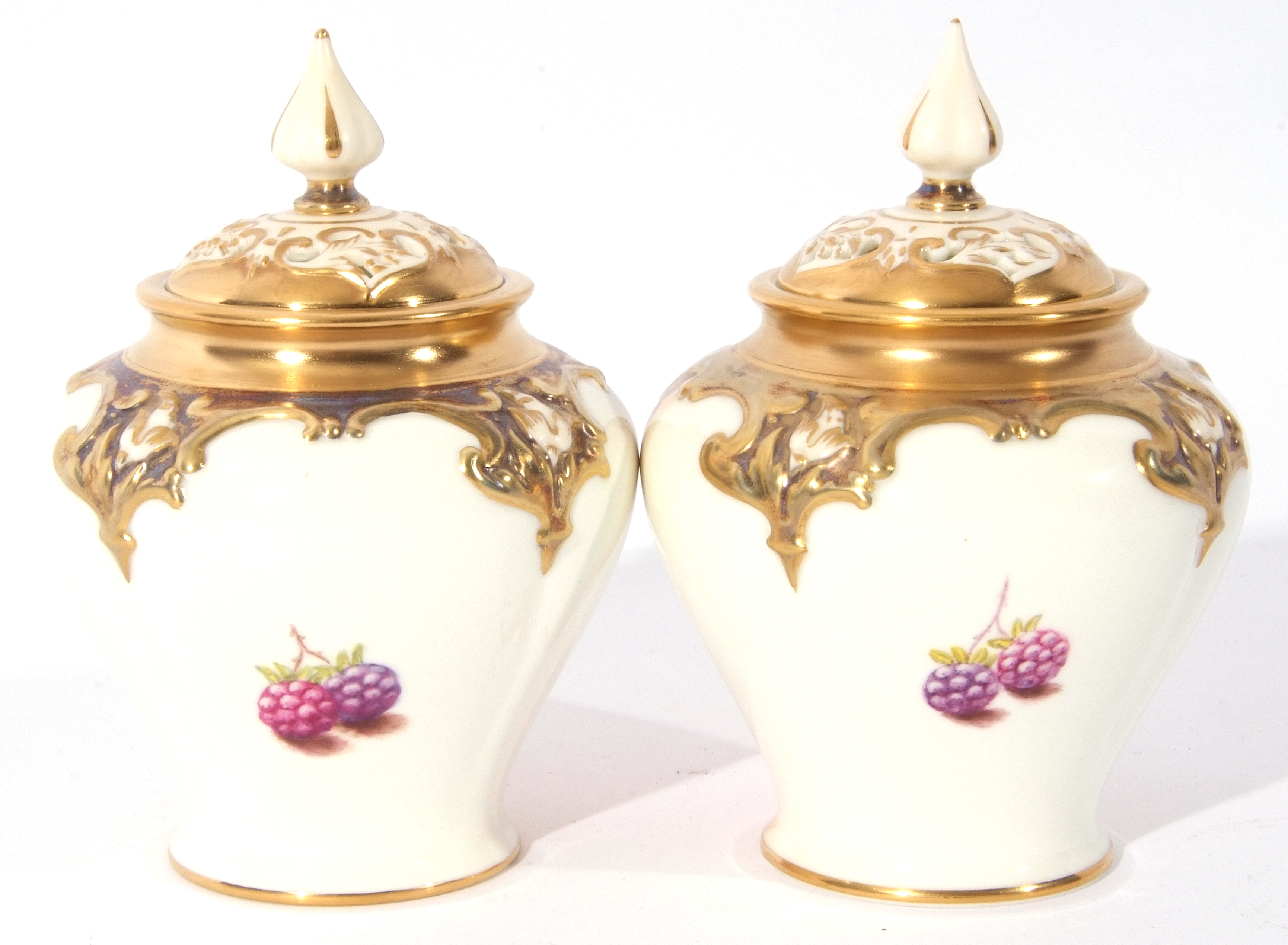 Small pair of Royal Worcester vases decorated with fruit, both signed H Henry, Royal Worcester black - Image 5 of 8