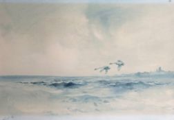 Jack Cox (British, 1914-2007), A pair of swans in flight over coastal waters. Watercolour on card,