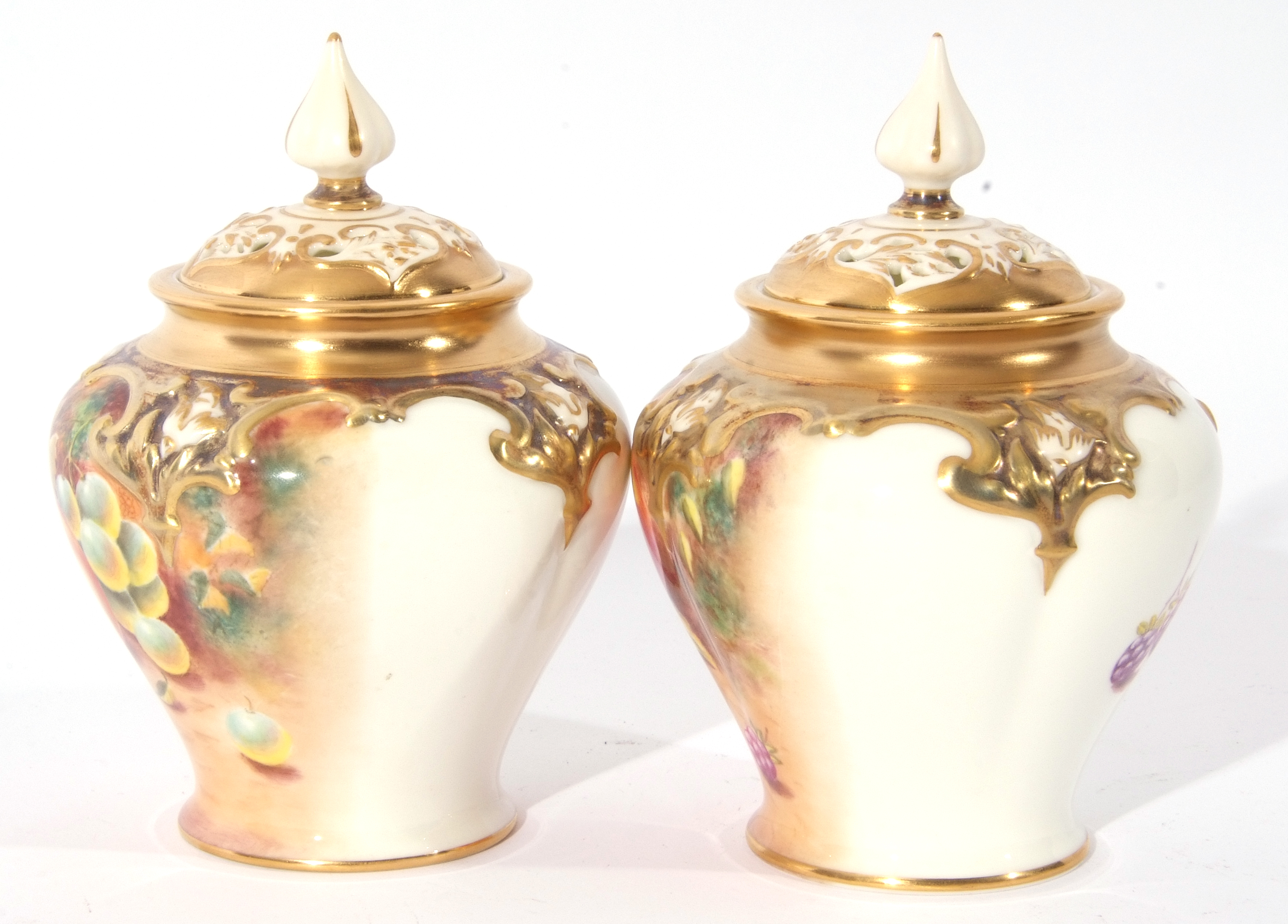 Small pair of Royal Worcester vases decorated with fruit, both signed H Henry, Royal Worcester black - Image 4 of 8