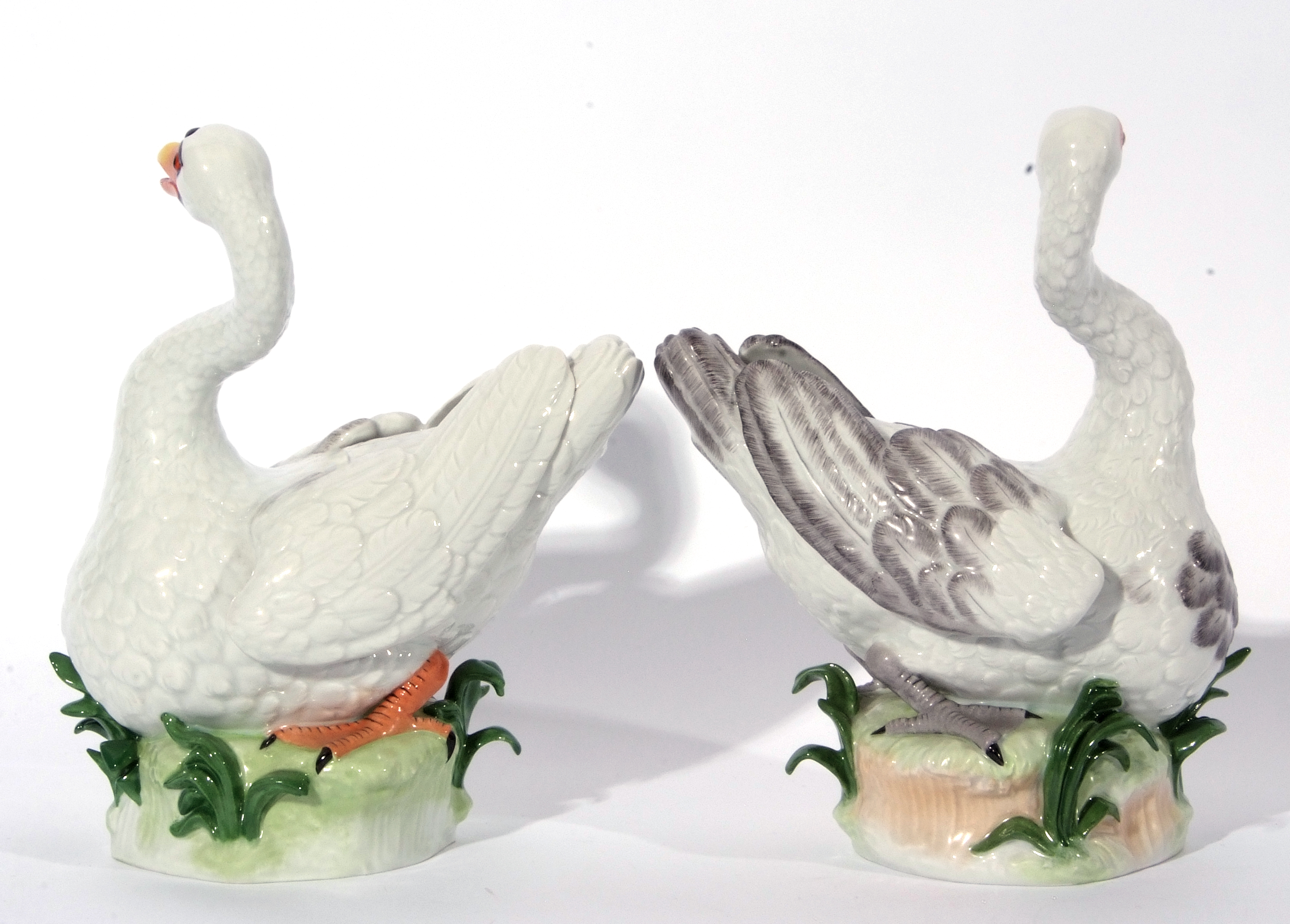 Large pair of Dresden porcelain swans on green leafy bases, modelled in Meissen style, 31cm high ( - Image 4 of 7