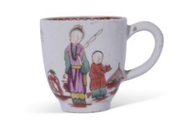 Lowestoft porcelain cup with a polychrome design of Chinese family against a fence with bird