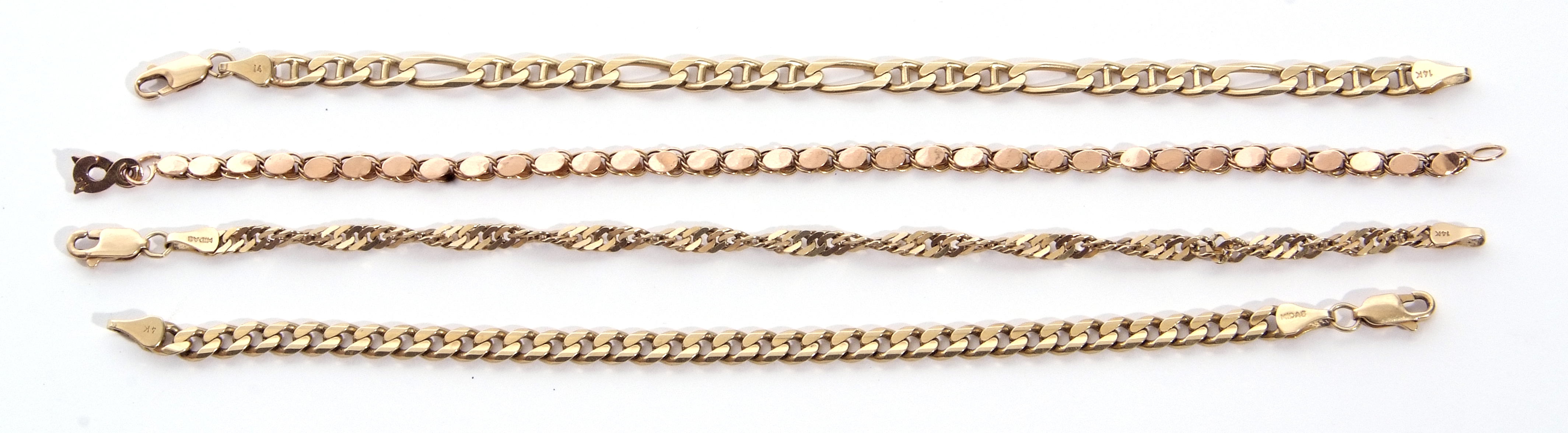 Mixed Lot: four modern 14K stamped bracelets, various lengths, g/w 31.5gms - Image 2 of 2