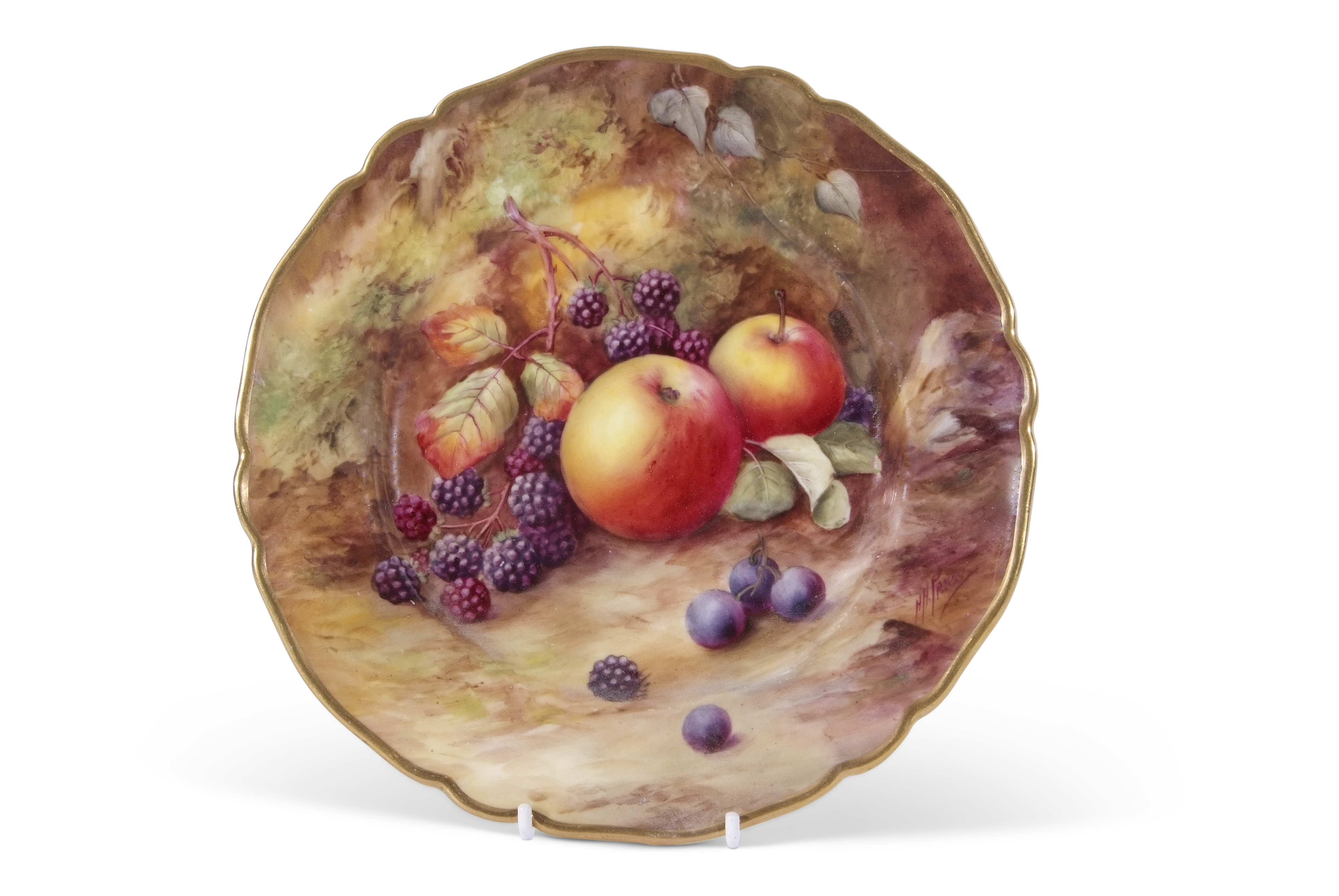 Royal Worcester plate painted with fruit, signed by H Price, puce factory mark to base, 23cm diam