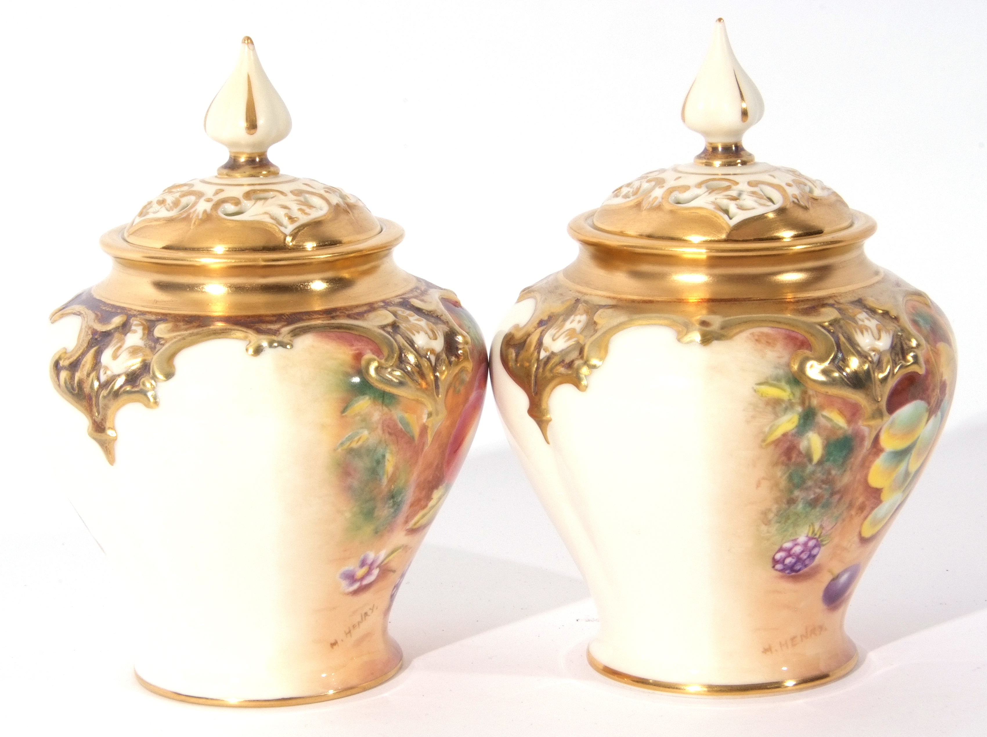 Small pair of Royal Worcester vases decorated with fruit, both signed H Henry, Royal Worcester black - Image 6 of 8