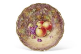Royal Worcester plate painted with fruit, signed T Nutt, within a gilt shaped rim, Worcester black