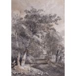 After J Crome (British, 1768-1821), English Landscape with a man standing on a footbridge over a