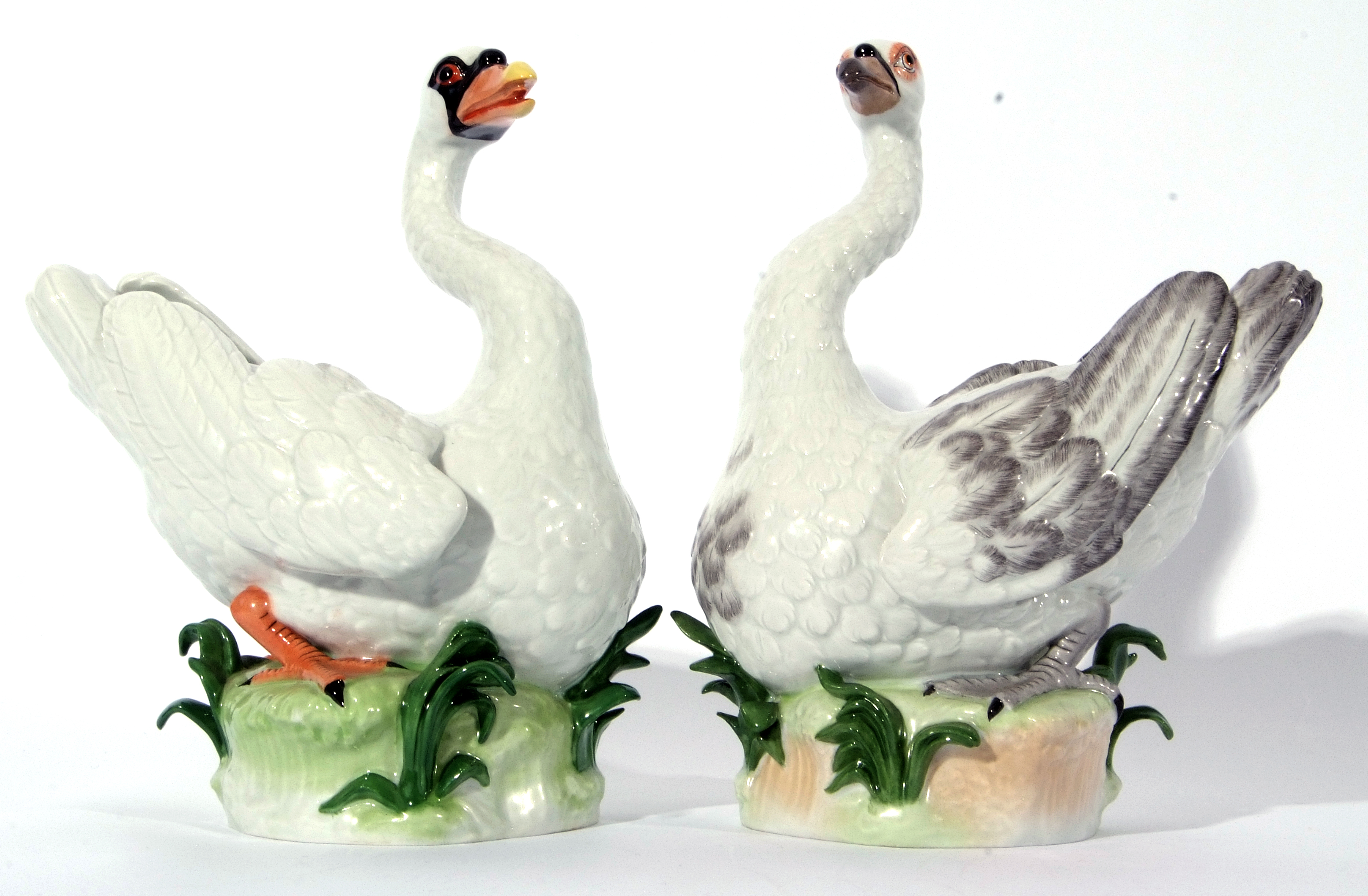 Large pair of Dresden porcelain swans on green leafy bases, modelled in Meissen style, 31cm high ( - Image 2 of 7
