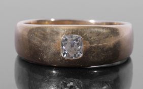 Gents single stone diamond ring featuring an old cushion cut diamond in an engraved setting, the