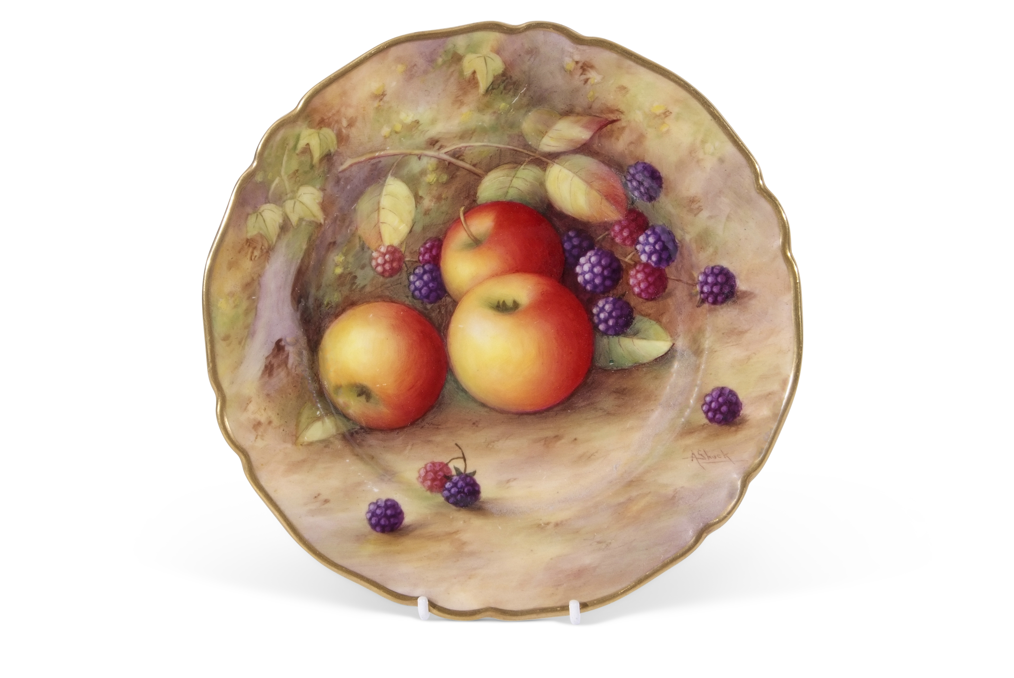 Royal Worcester vase decorated with fruit within a shaped gilt rim, signed by A Shuck, 22cm diam