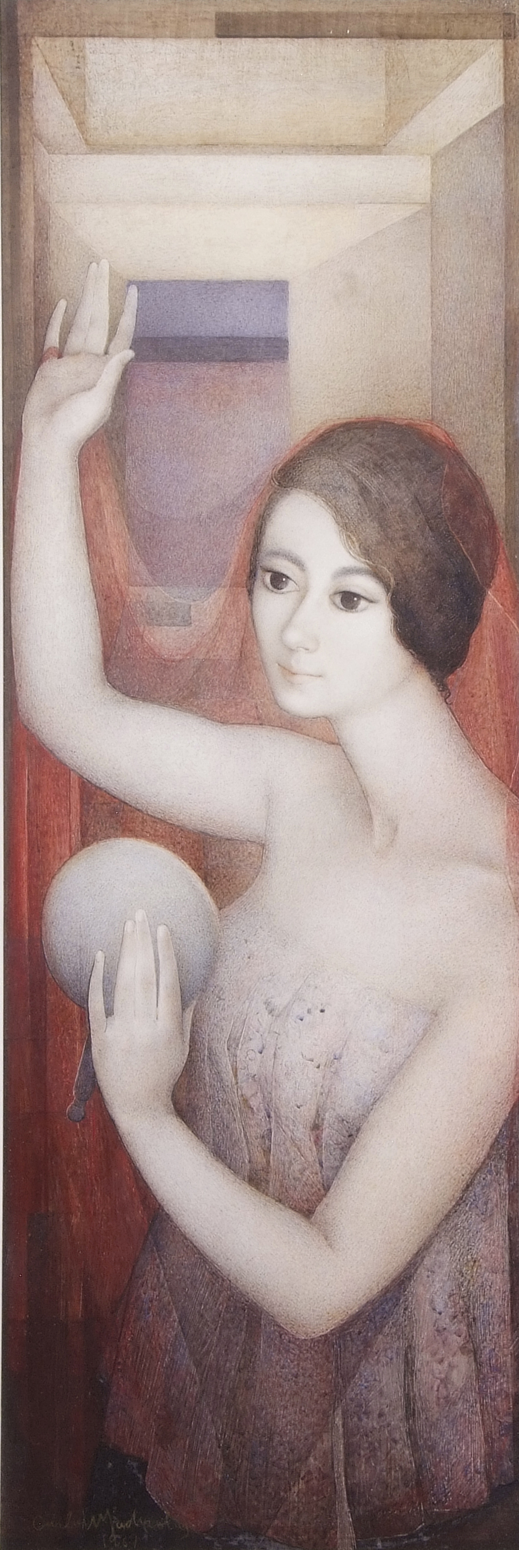 Carles Madirolas (Spanish, 1934-2007), A Study of a young woman holding an orb. Mixed media on