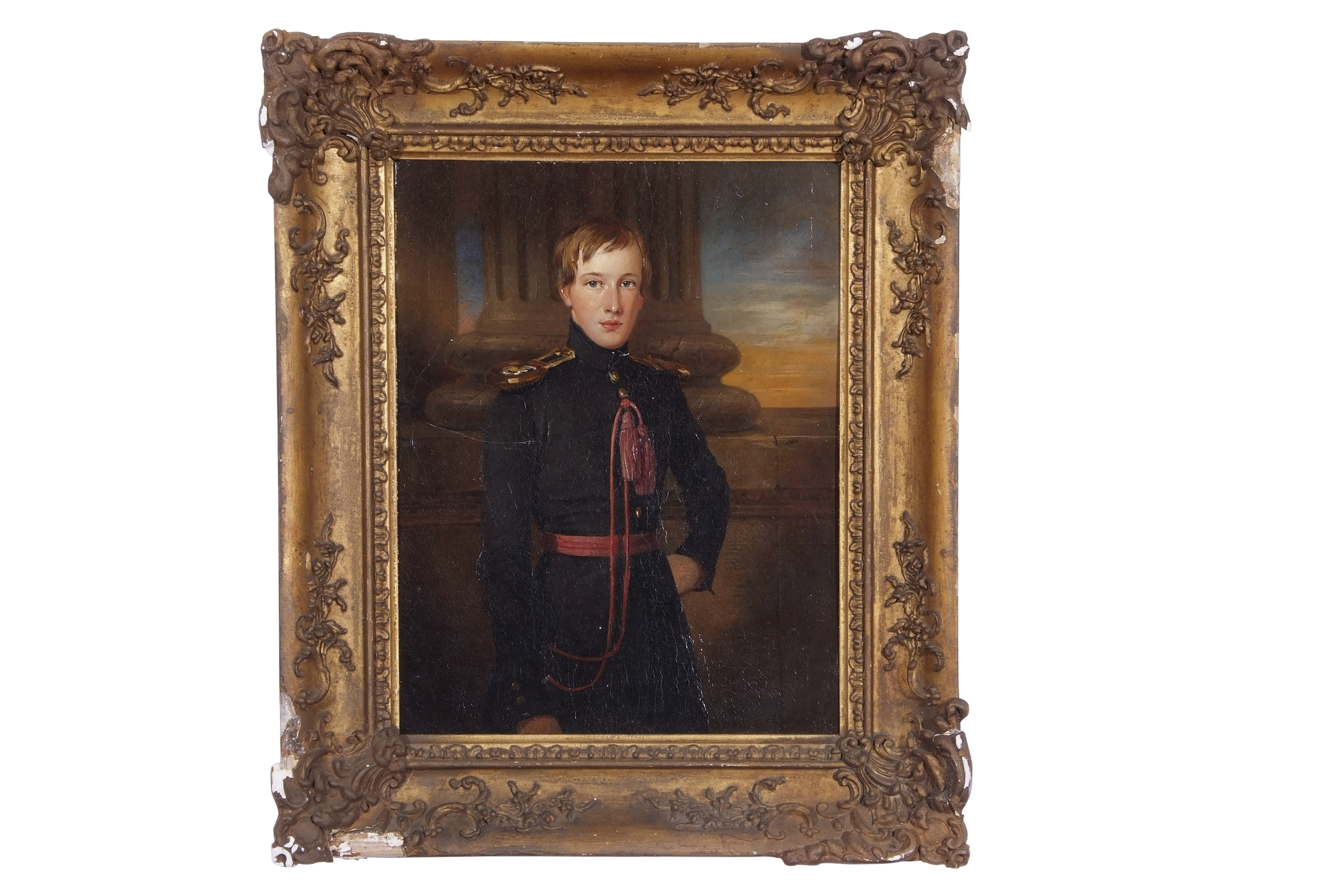 British School, late 19th Century, Young man in a military dress by a column. Oil on board,