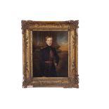 British School, late 19th Century, Young man in a military dress by a column. Oil on board,