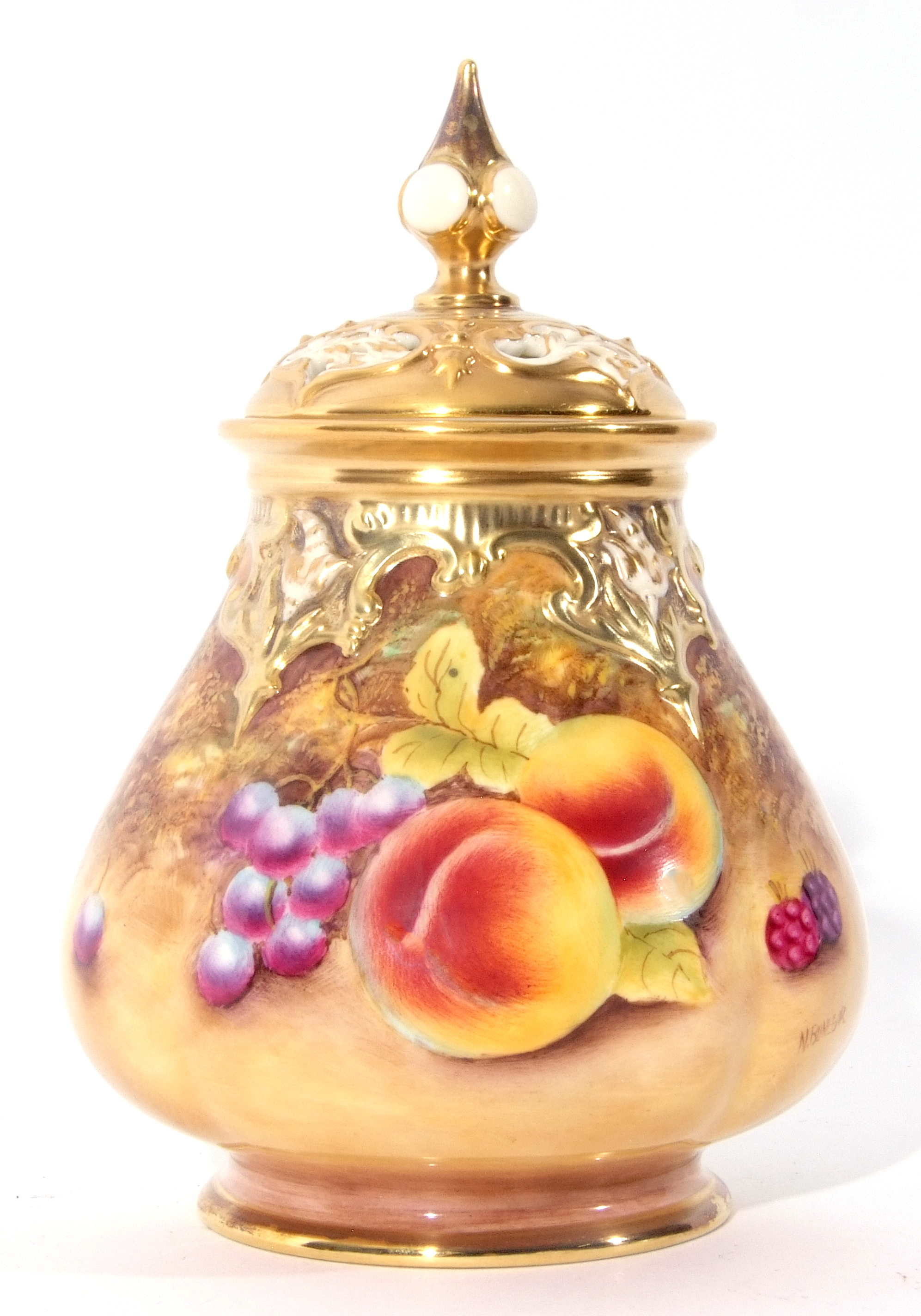 Royal Worcester vase with reticulated cover decorated with fruit, signed by N Bunegar, factory - Image 2 of 9