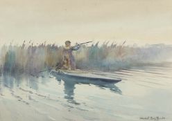 Frank Southgate RBA (British, 1872-1916), 'Flight Shooting'. A duck hunter at dawn in a punt next to